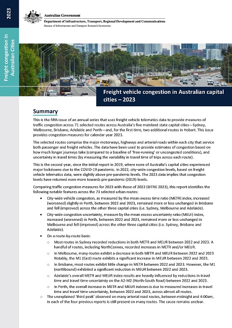 Freight vehicle congestion in Australian capital cities – 2023