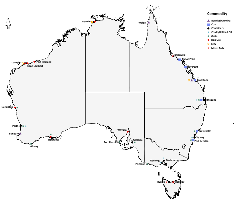 Figure 19 Principal Australian ports, by commodity